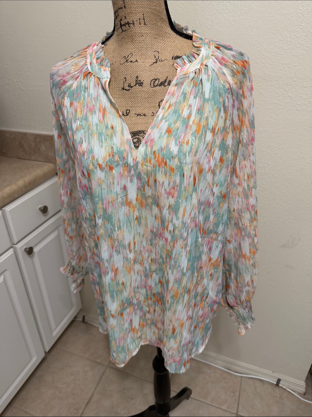 Philosophy Mint & Coral Brushstroke V-Neck Blouse